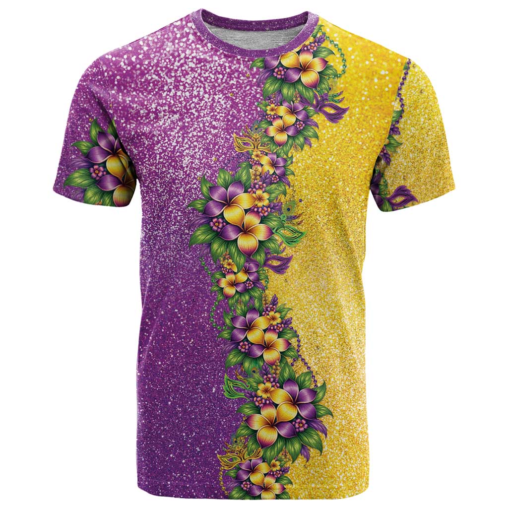 Hawaii Mardi Gras T-Shirt Plumeria Lei Beads Glitter Style Graphic Tee
