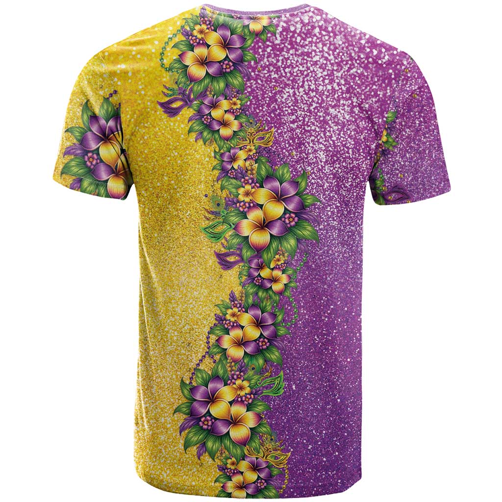 Hawaii Mardi Gras T-Shirt Plumeria Lei Beads Glitter Style Graphic Tee