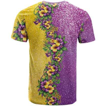 Hawaii Mardi Gras T-Shirt Plumeria Lei Beads Glitter Style Graphic Tee