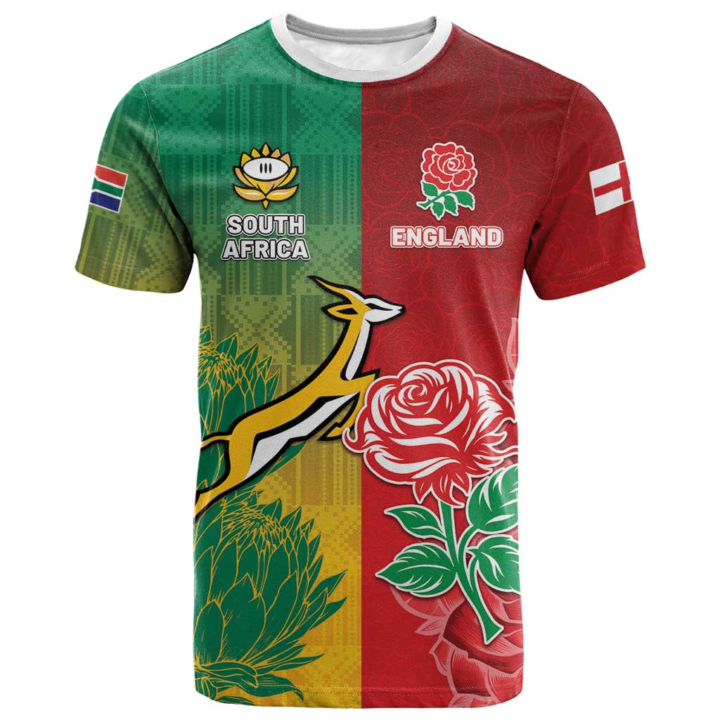 South Africa And England Rugby Custom T-Shirt Springboks And Red Rose Together Graphic Tee