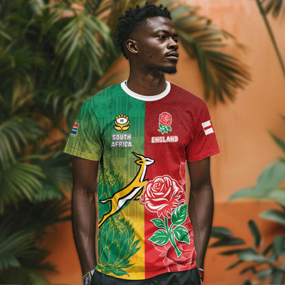 South Africa And England Rugby Custom T-Shirt Springboks And Red Rose Together Graphic Tee