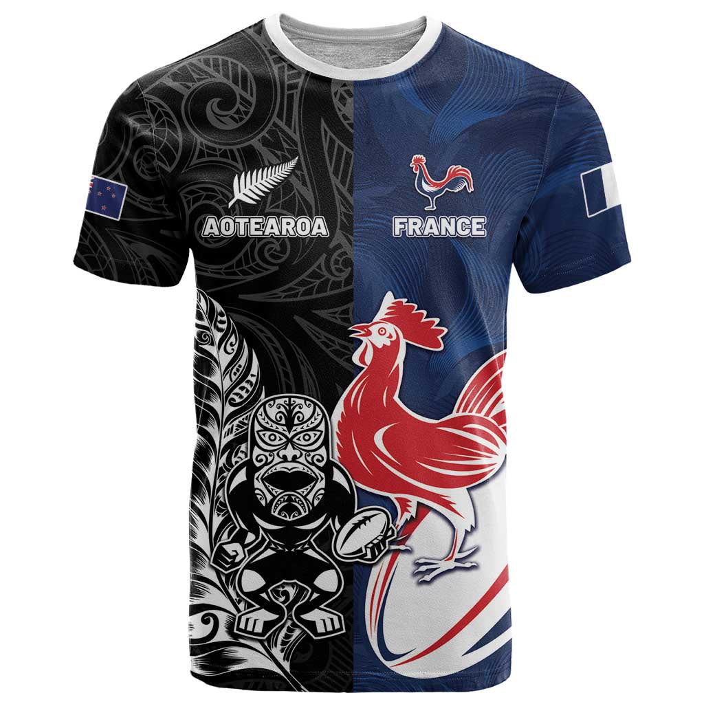 France And New Zealand Rugby Custom T-Shirt Les Bleus Rooster With Maori Tiki Graphic Tee