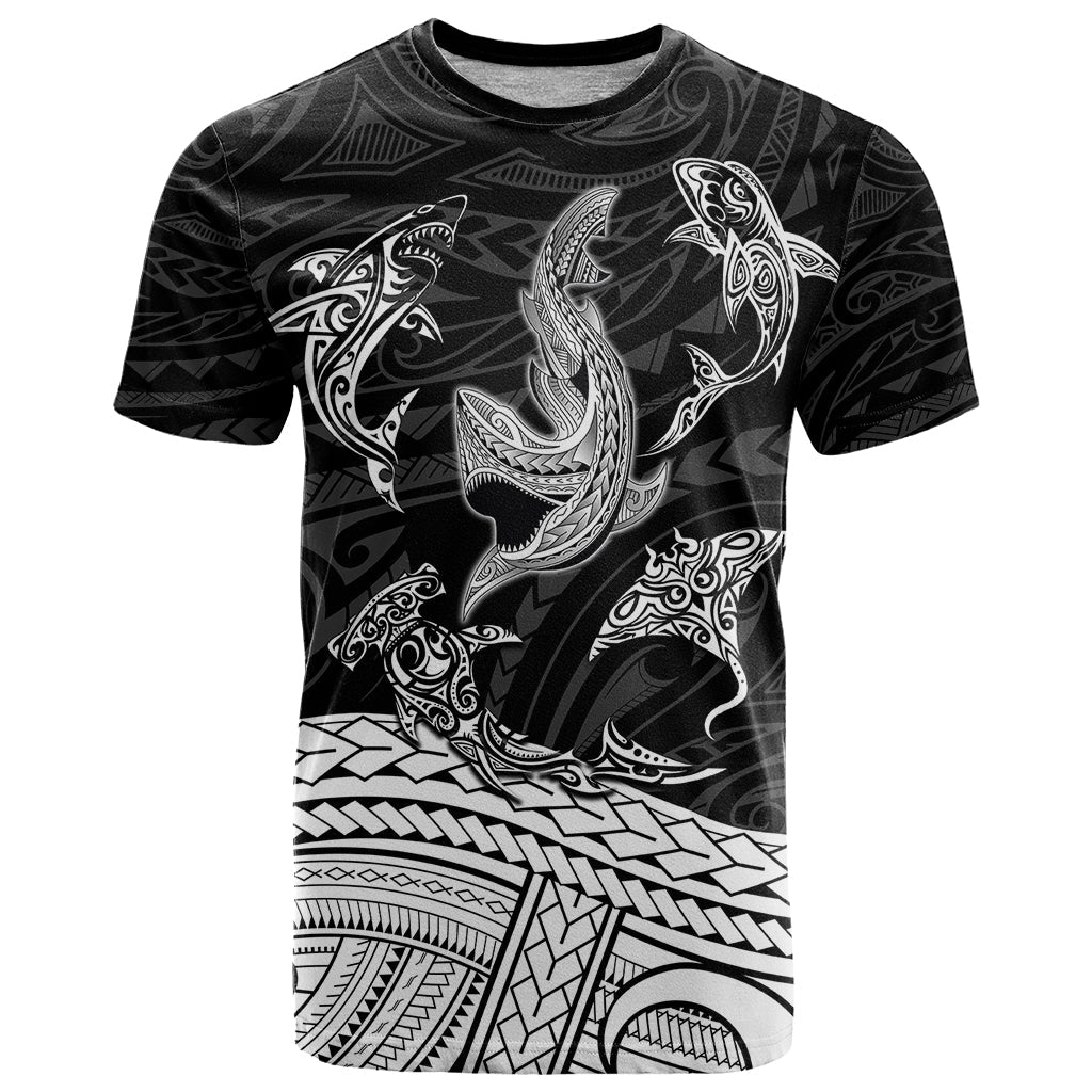 Polynesian Tribal T-Shirt with Sharks Tattoo White Graphic Tee