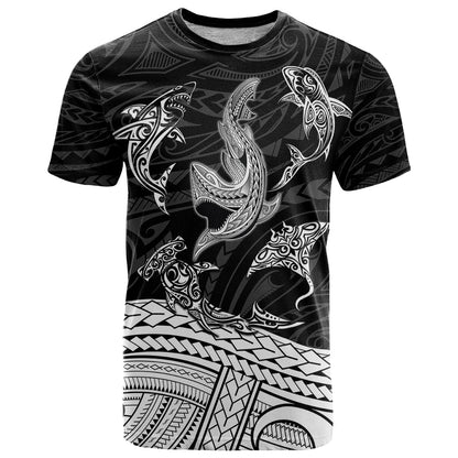 Polynesian Tribal T-Shirt with Sharks Tattoo White Graphic Tee