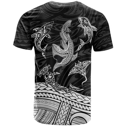 Polynesian Tribal T-Shirt with Sharks Tattoo White Graphic Tee
