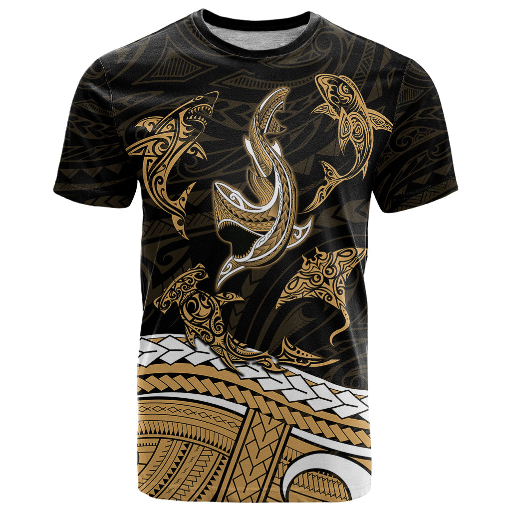 Polynesian Tribal T-Shirt with Sharks Tattoo Gold Graphic Tee