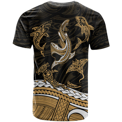 Polynesian Tribal T-Shirt with Sharks Tattoo Gold Graphic Tee