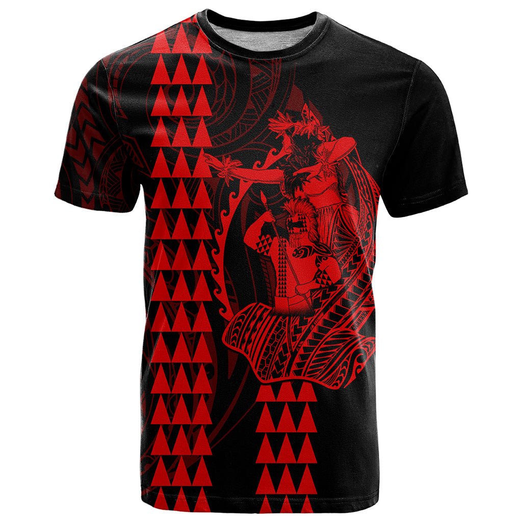 Polynesian T-Shirt Hawaiian Warrior and Aloha Girl With Hammerhead Shark Tattoos Red Graphic Tee