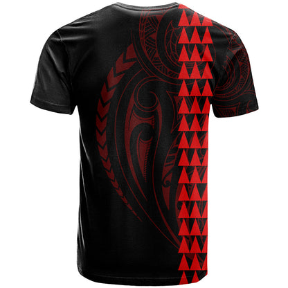 Polynesian T-Shirt Hawaiian Warrior and Aloha Girl With Hammerhead Shark Tattoos Red Graphic Tee