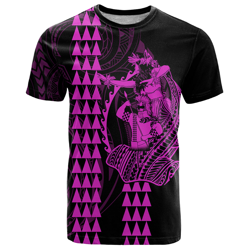 Polynesian T-Shirt Hawaiian Warrior and Aloha Girl With Hammerhead Shark Tattoos Purple Graphic Tee