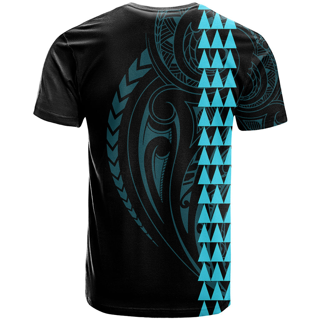 Polynesian T-Shirt Hawaiian Warrior and Aloha Girl With Hammerhead Shark Tattoos Light Blue Graphic Tee