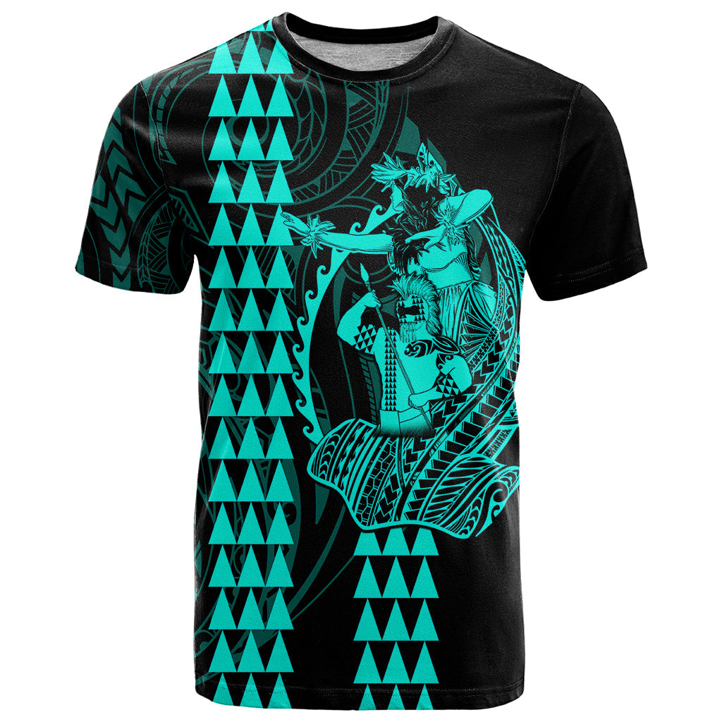 Polynesian T-Shirt Hawaiian Warrior and Aloha Girl With Hammerhead Shark Tattoos Turquoise Graphic Tee