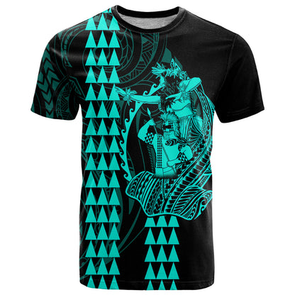 Polynesian T-Shirt Hawaiian Warrior and Aloha Girl With Hammerhead Shark Tattoos Turquoise Graphic Tee