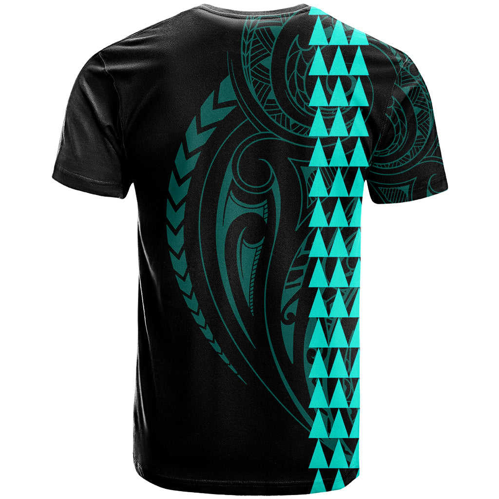 Polynesian T-Shirt Hawaiian Warrior and Aloha Girl With Hammerhead Shark Tattoos Turquoise Graphic Tee
