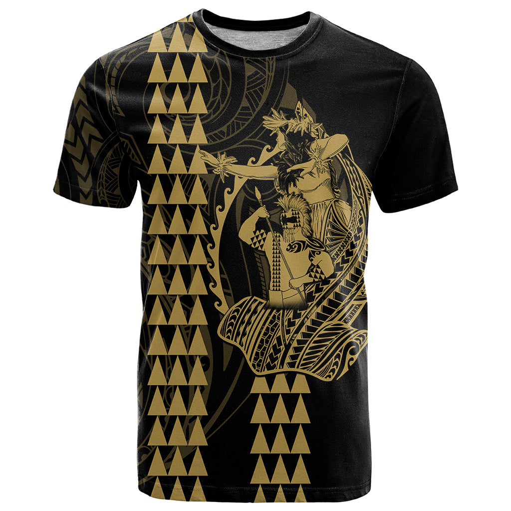 Polynesian T-Shirt Hawaiian Warrior and Aloha Girl With Hammerhead Shark Tattoos Gold Graphic Tee