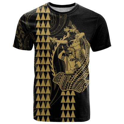 Polynesian T-Shirt Hawaiian Warrior and Aloha Girl With Hammerhead Shark Tattoos Gold Graphic Tee