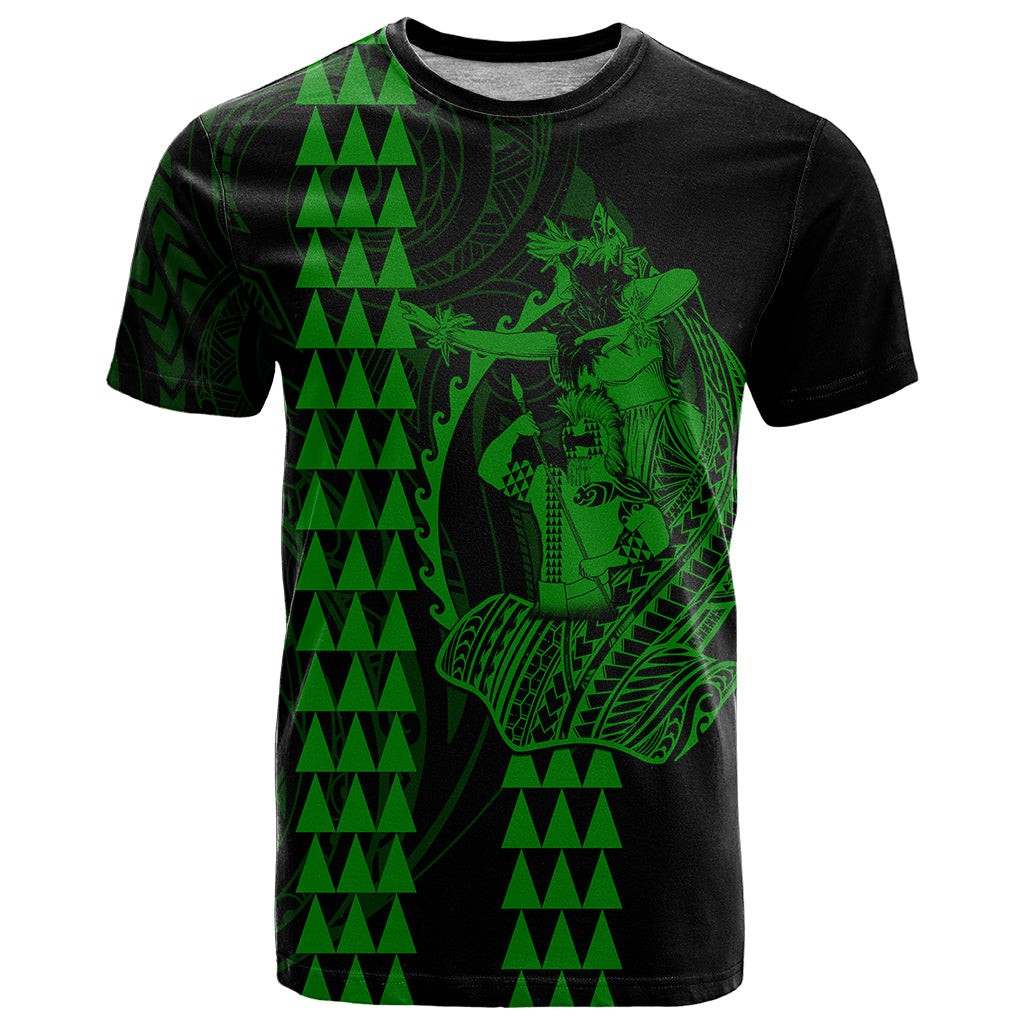 Polynesian T-Shirt Hawaiian Warrior and Aloha Girl With Hammerhead Shark Tattoos Green Graphic Tee
