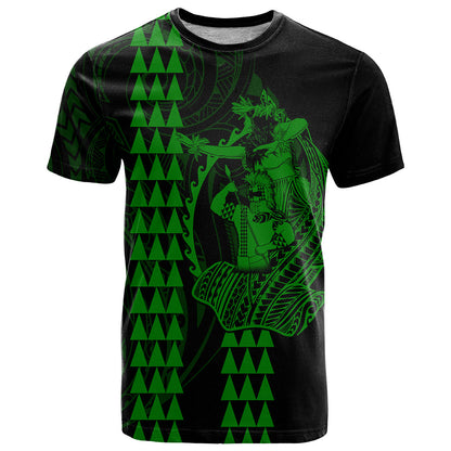 Polynesian T-Shirt Hawaiian Warrior and Aloha Girl With Hammerhead Shark Tattoos Green Graphic Tee