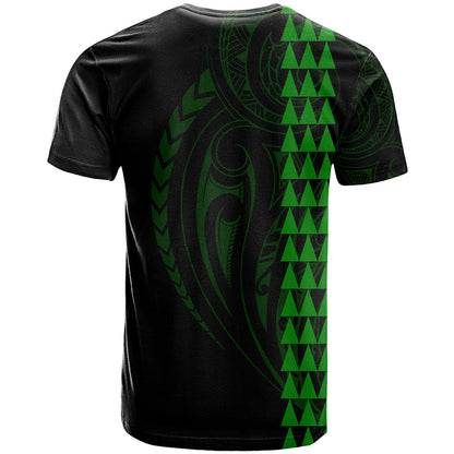 Polynesian T-Shirt Hawaiian Warrior and Aloha Girl With Hammerhead Shark Tattoos Green Graphic Tee