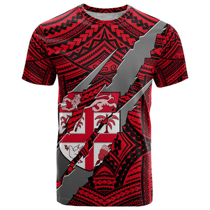 Polynesian Fiji T-Shirt with Coat Of Arms Claws Style - Red Graphic Tee