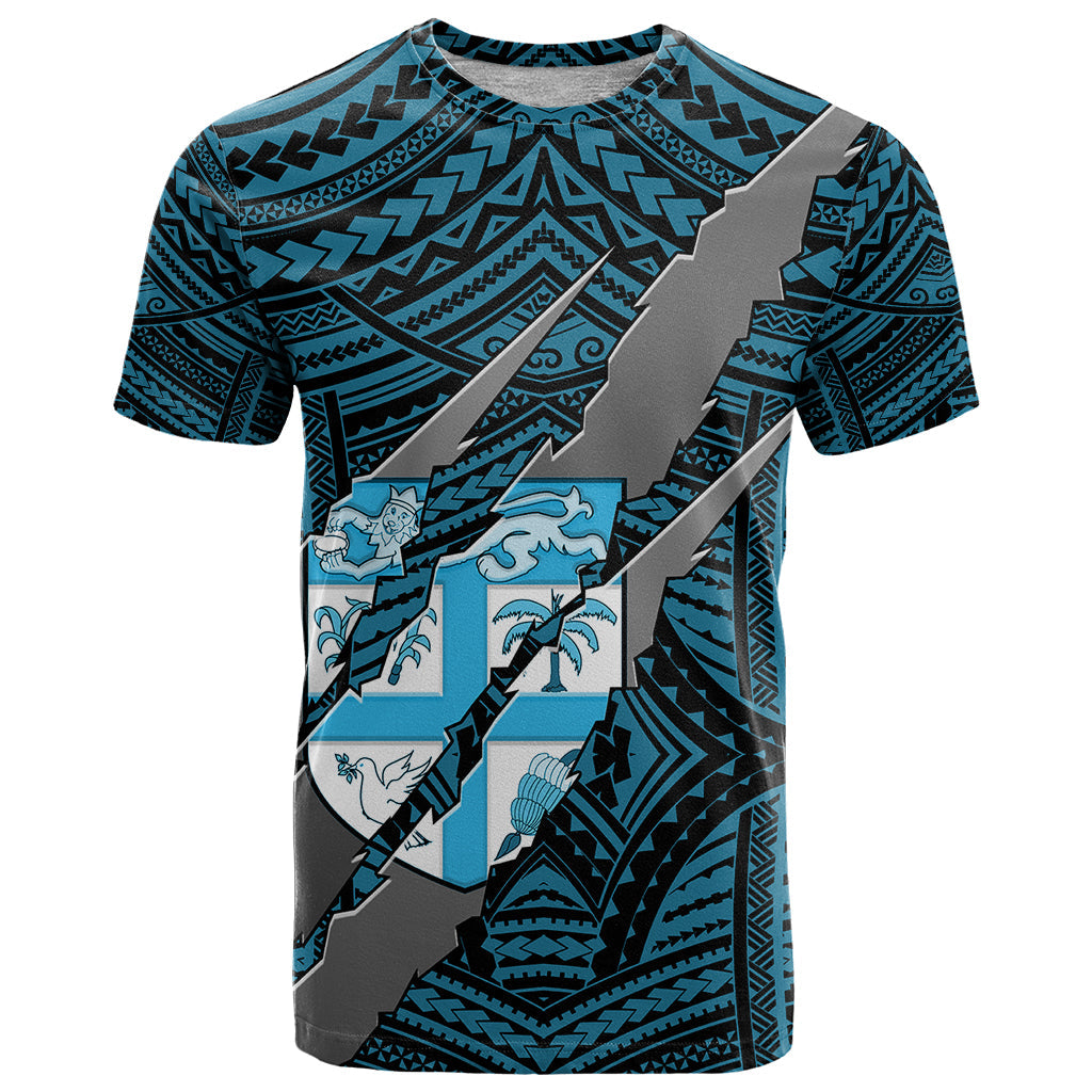 Polynesian Fiji T-Shirt with Coat Of Arms Claws Style - Blue Graphic Tee
