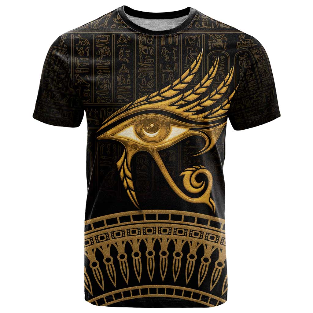 Ancient Egypt Eye of Horus T-Shirt Gold Intricate Feathers Graphic Tee