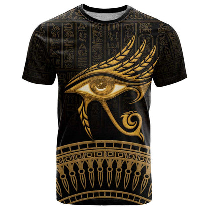 Ancient Egypt Eye of Horus T-Shirt Gold Intricate Feathers Graphic Tee