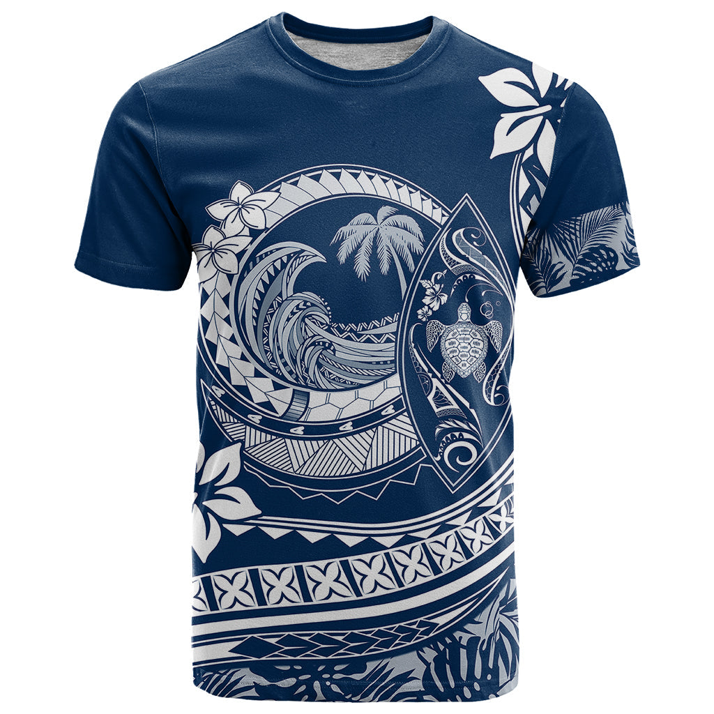 Polynesian Plumeria T-Shirt Ride The Waves - Navy Blue Graphic Tee