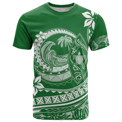 Polynesian Plumeria T-Shirt Ride The Waves - Green Graphic Tee
