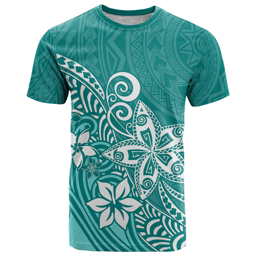 Polynesia T-Shirt Plumeria Teal Curves Graphic Tee