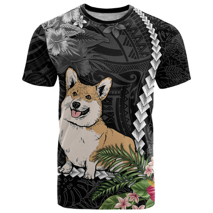 Personalised Polynesian Dog T-Shirt Corgi Mix Tropical Flowers Graphic Tee
