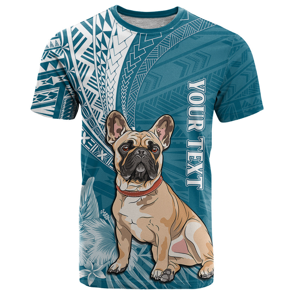 Personalised Polynesian Pacific Bulldog T-Shirt With Teal Hawaii Tribal Tattoo Patterns Graphic Tee