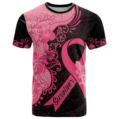 Polynesian T-Shirt Plumeria Breast Cancer Awareness Survivor Ribbon Pink Graphic Tee