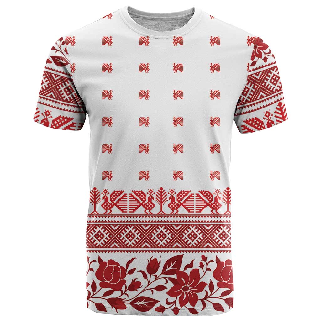 Antique Croatia Folk Embroidery Inspired Pattern T-Shirt Roses and Peacocks Graphic Tee