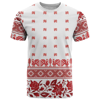 Antique Croatia Folk Embroidery Inspired Pattern T-Shirt Roses and Peacocks Graphic Tee