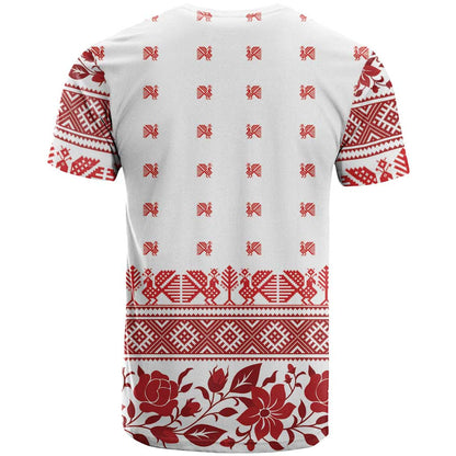 Antique Croatia Folk Embroidery Inspired Pattern T-Shirt Roses and Peacocks Graphic Tee