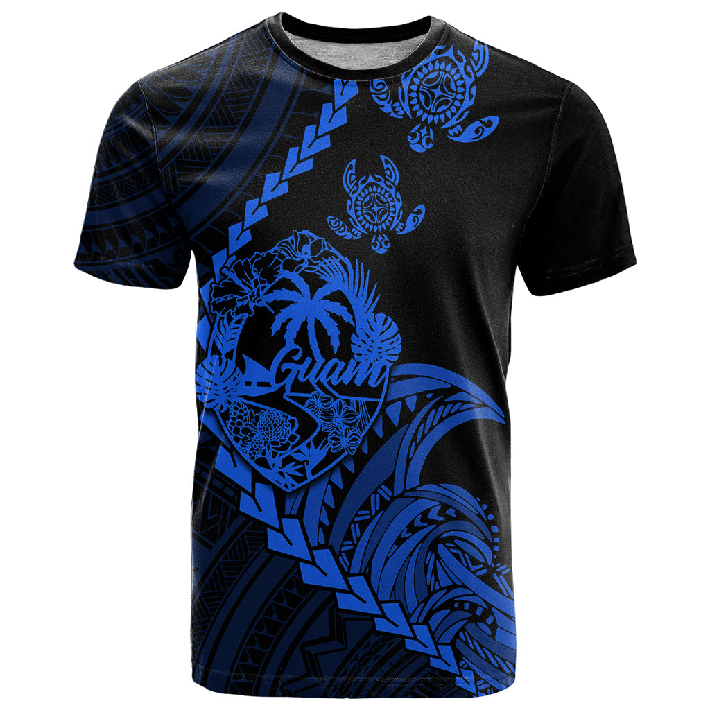 Personalised Guam T-Shirt Tribal Turtles Curves Style - Blue Graphic Tee