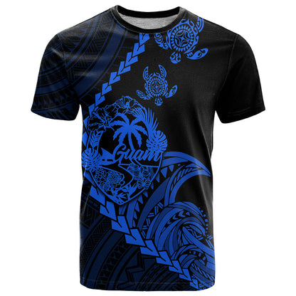 Personalised Guam T-Shirt Tribal Turtles Curves Style - Blue Graphic Tee