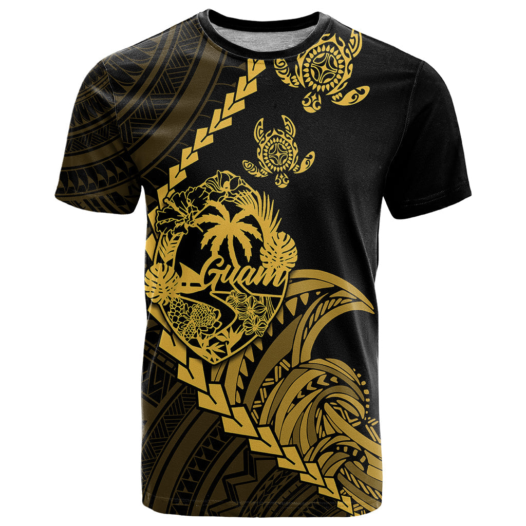 Personalised Guam T-Shirt Tribal Turtles Curves Style - Gold Graphic Tee