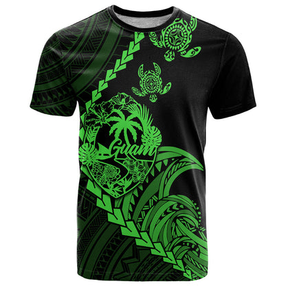 Personalised Guam T-Shirt Tribal Turtles Curves Style - Green Graphic Tee