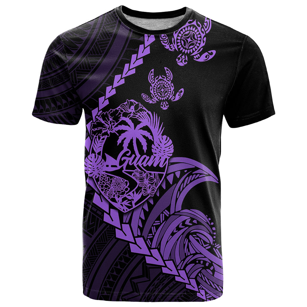 Personalised Guam T-Shirt Tribal Turtles Curves Style - Purple Graphic Tee