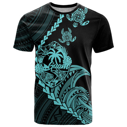 Personalised Guam T-Shirt Tribal Turtles Curves Style - Turquoise Graphic Tee