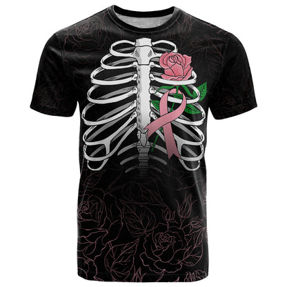 In October We Wear Pink Breast Cancer Awareness T-Shirt Skull and Roses - Black Graphic Tee