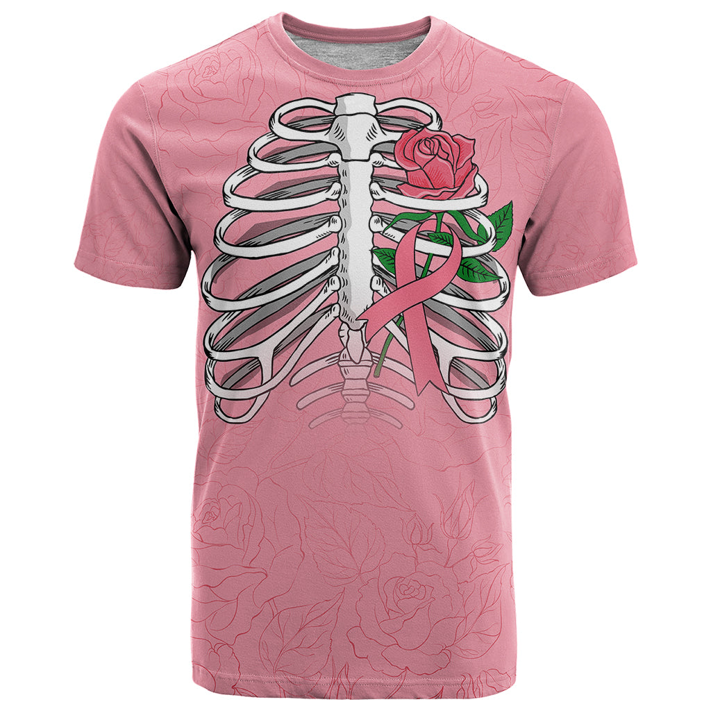 In October We Wear Pink Breast Cancer Awareness T-Shirt Skull and Roses - Pink Graphic Tee