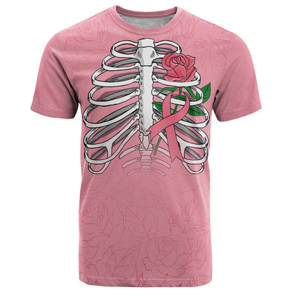 In October We Wear Pink Breast Cancer Awareness T-Shirt Skull and Roses - Pink Graphic Tee