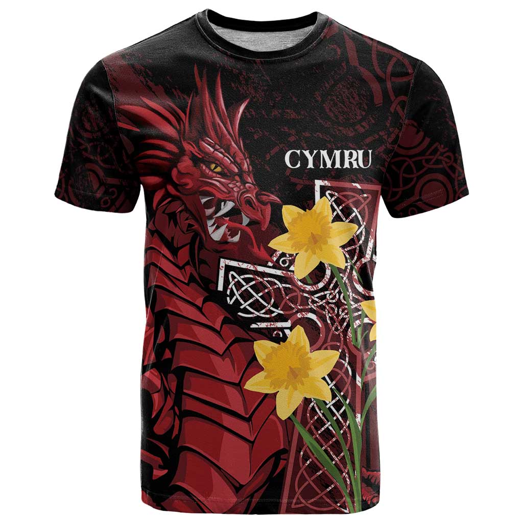 Wales Cymru Am Byth T-Shirt Welsh Dragon with Celtic Cross Graphic Tee