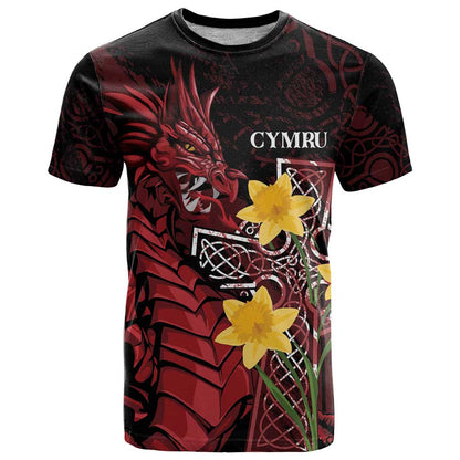 Wales Cymru Am Byth T-Shirt Welsh Dragon with Celtic Cross Graphic Tee