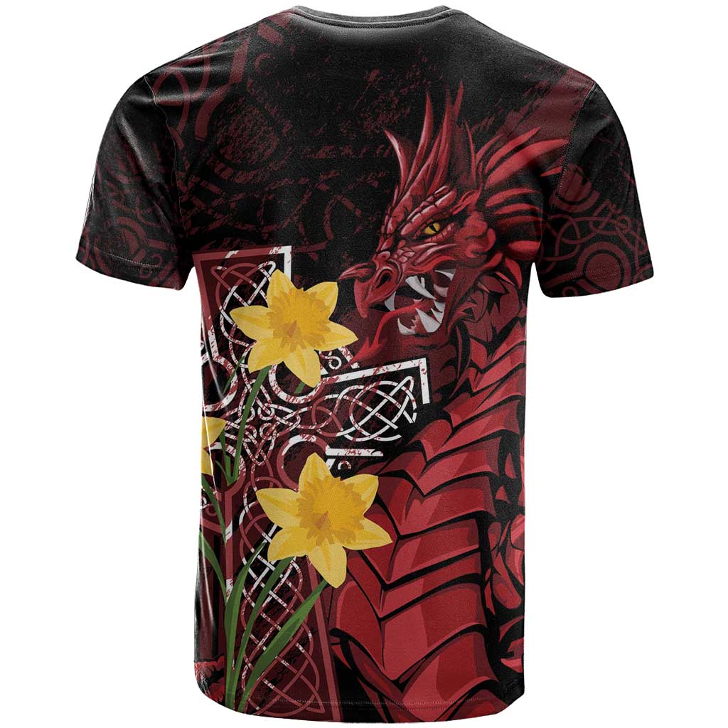 Wales Cymru Am Byth T-Shirt Welsh Dragon with Celtic Cross Graphic Tee