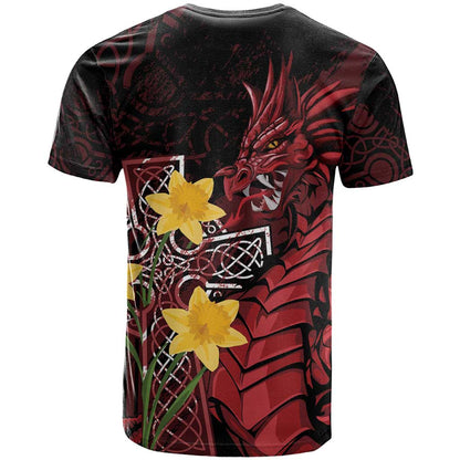 Wales Cymru Am Byth T-Shirt Welsh Dragon with Celtic Cross Graphic Tee