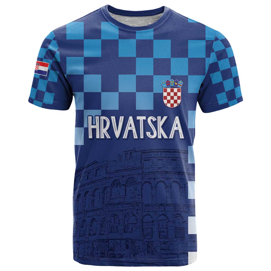 Croatia Football 2025 Custom T-Shirt Blue Hrvatska Kockasti - Pula Arena Graphic Tee